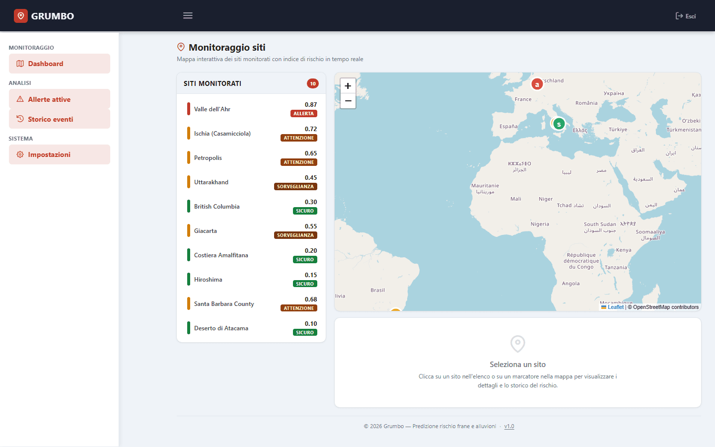 Grumbo è la dashboard IgniCraft per la valutazione del rischio idrogeologico su siti critici. Integra dati Copernicus, indicatori meteorologici e analisi del territorio per restituire un indice di rischio operativo per la Protezione Civile.